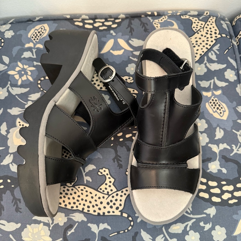 Fly London Black Chunky Platform Leather Sandals